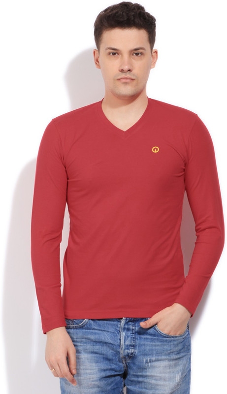 Integriti Solid Men V-neck Red T-Shirt