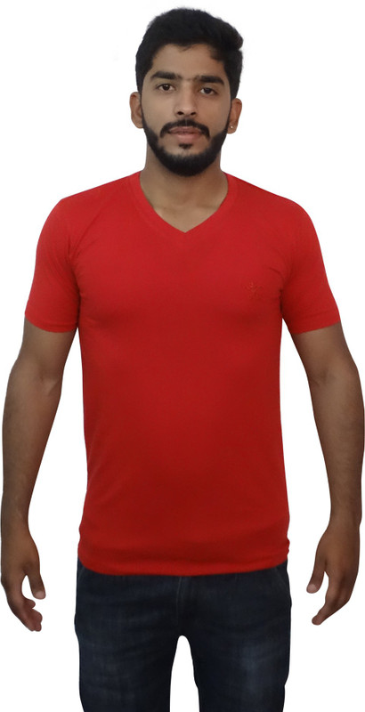 Uniqe Solid Men V-neck Red T-Shirt