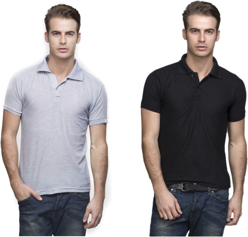 Lambency Solid Men Polo Neck Grey, Black T-Shirt(Pack of 2) Lambency Solid Men Polo Neck Grey, Black T-Shirt(Pack of 2)