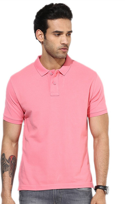 Go India Store Solid Men Polo Neck Pink T-Shirt