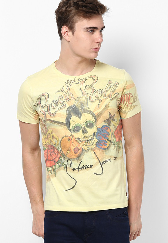 SF Jeans by Pantaloons Graphic Print Men Round Neck Yellow T-Shirt