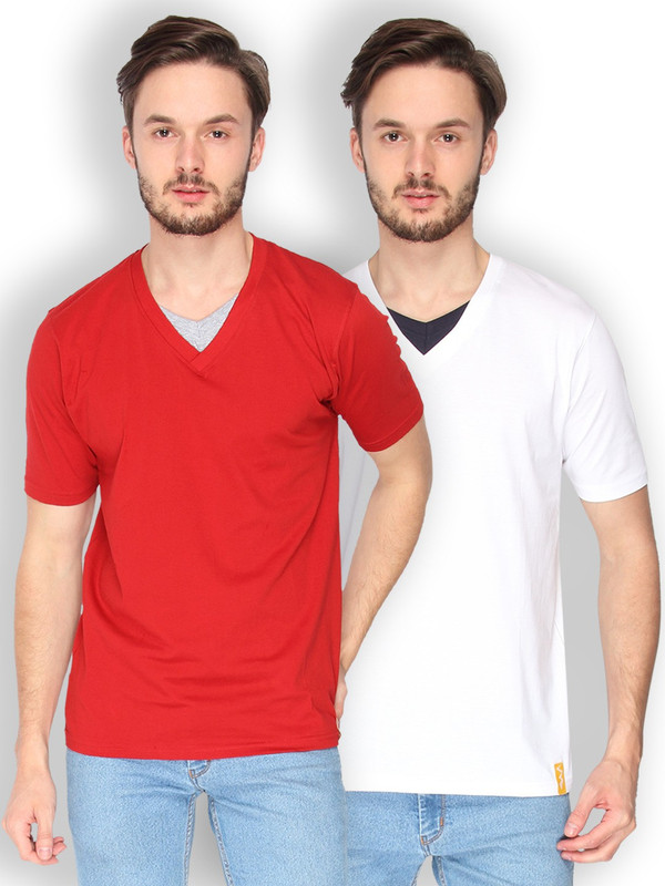 Campus Sutra Solid Men V-Neck Red, White T-Shirt(Pack of 2)