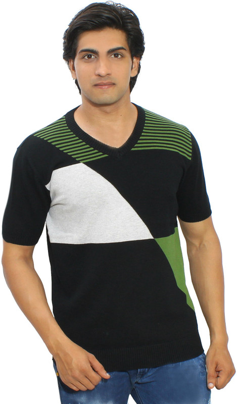 Thread Craft Graphic Print Men V-neck Black, Green T-Shirt