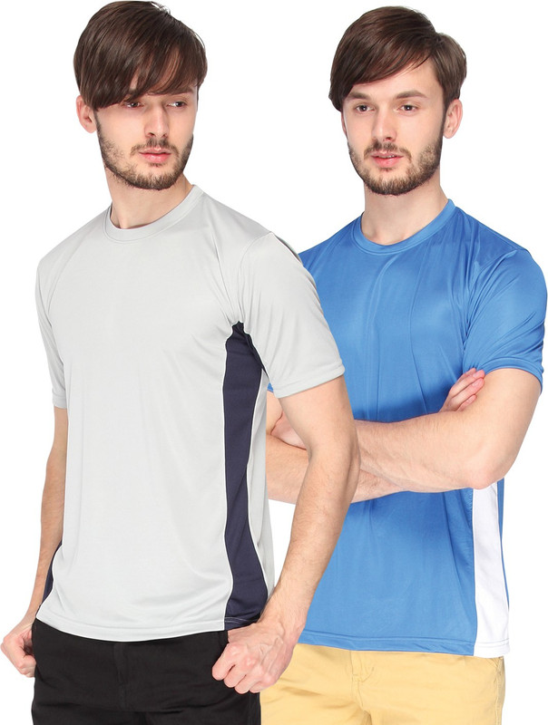 Campus Sutra Solid Men Round or Crew Grey, Blue T-Shirt(Pack of 2)