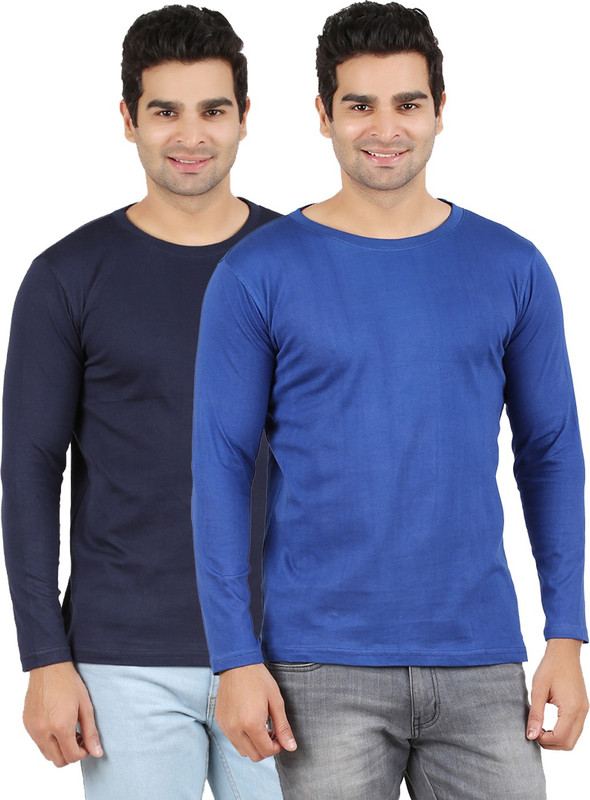Ap'pulse Solid Men Round or Crew Dark Blue, Blue T-Shirt(Pack of 2)