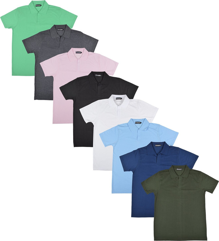 Pintapple Solid Men Polo Neck White, Black, Pink, Grey, Light Green, Light Blue, Dark Blue, Dark Green T-Shirt(Pack of 8)