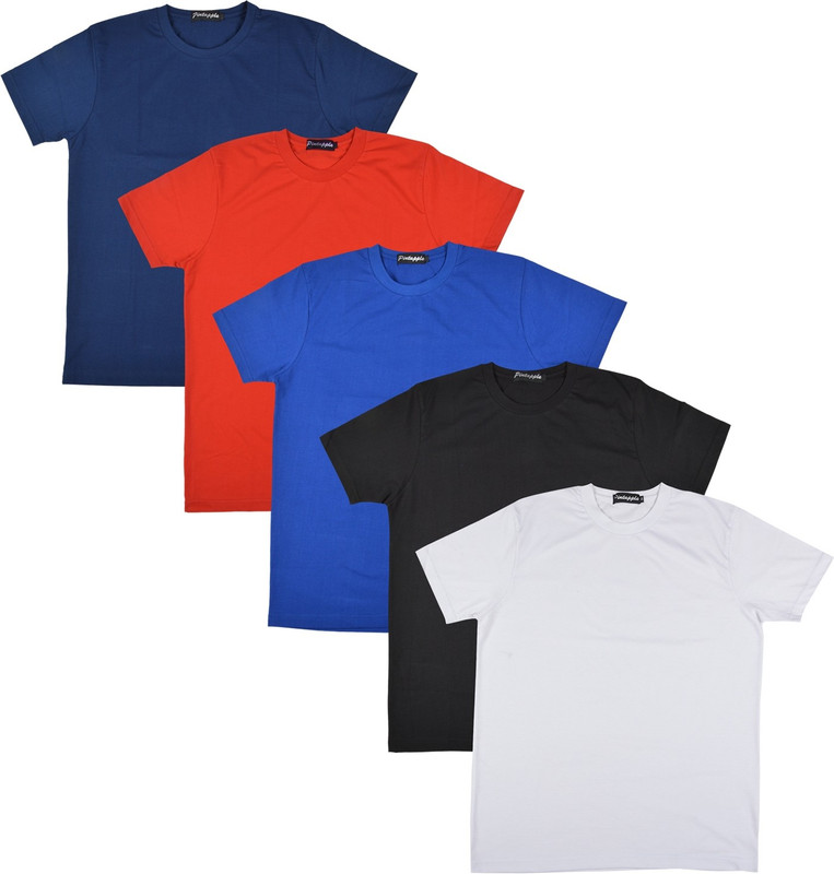 Pintapple Solid Men Round Neck White, Black, Blue, Red, Dark Blue T-Shirt(Pack of 5)