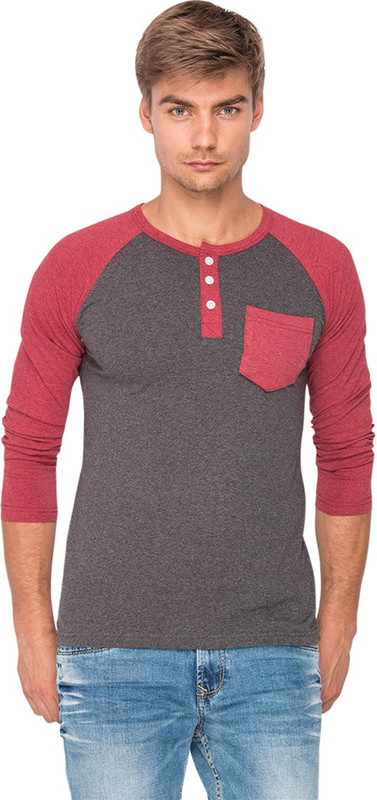 Campus Sutra Solid Men Henley Grey, Red T-Shirt