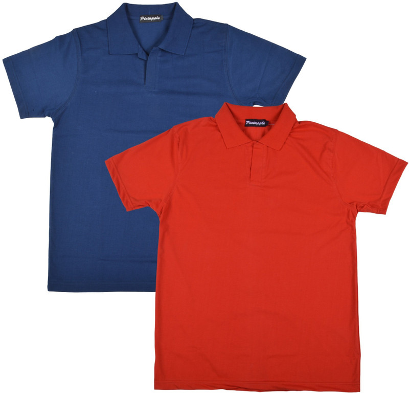 Pintapple Solid Men Polo Neck Red, Dark Blue T-Shirt(Pack of 2)