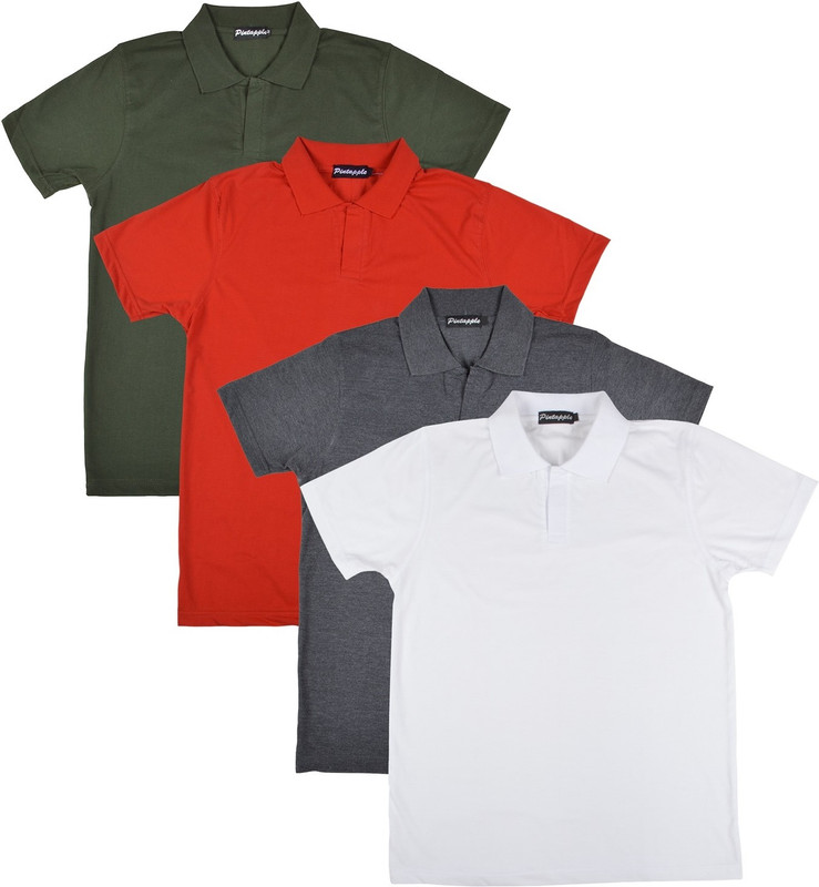 Pintapple Solid Men Polo Neck White, Grey, Red, Dark Green T-Shirt(Pack of 4)