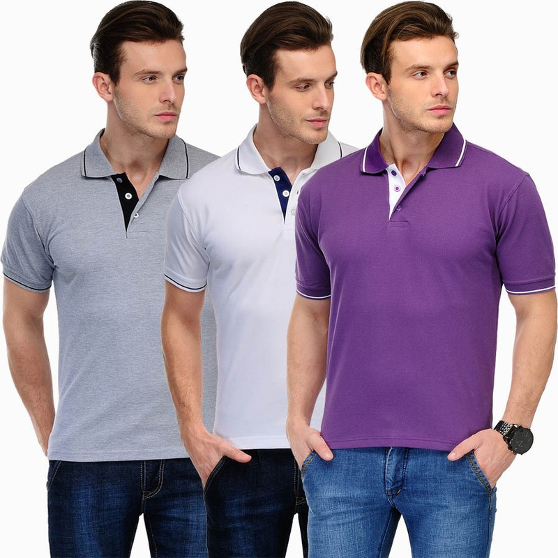 Scott International Solid Men Polo Neck Grey, White, Purple T-Shirt(Pack of 3)