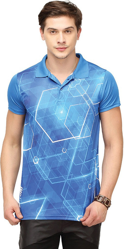 Campus Sutra Printed Men Polo Neck Blue T-Shirt