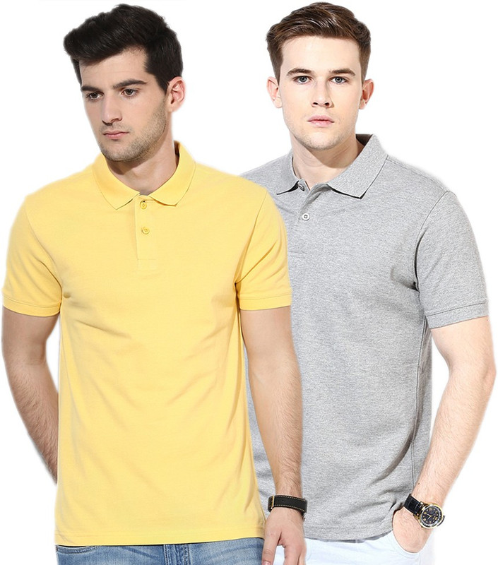 Go India Store Solid Men Polo Neck Yellow, Grey T-Shirt(Pack of 2)
