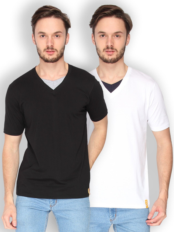 Campus Sutra Solid Men V-Neck Black, White T-Shirt(Pack of 2)