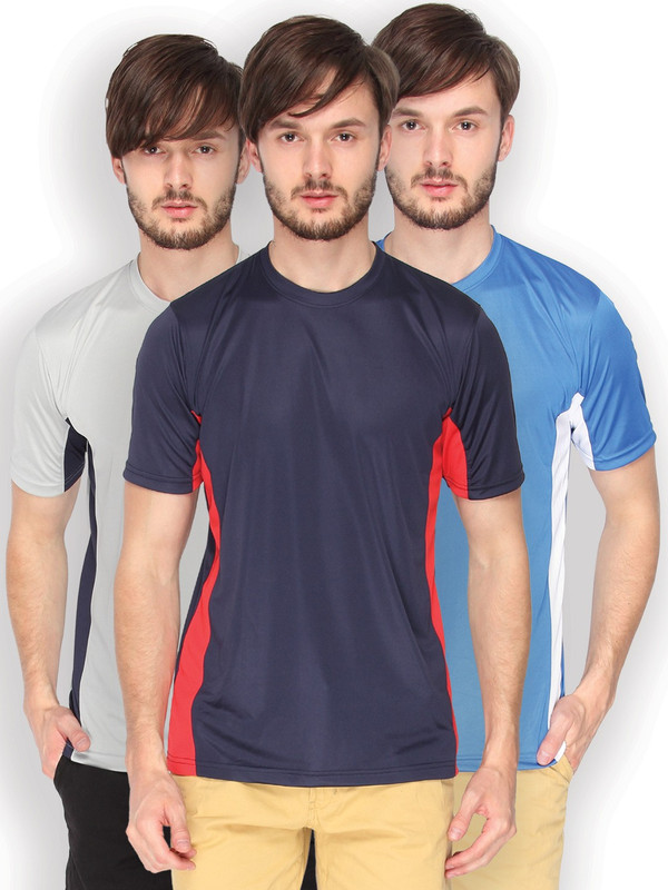 Campus Sutra Solid Men Round or Crew Blue, Red, Grey, Blue, Blue, White T-Shirt(Pack of 3)
