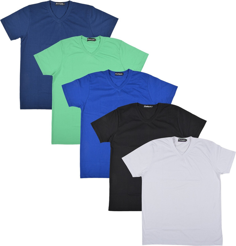 Pintapple Solid Men V-neck White, Black, Blue, Light Green, Dark Blue T-Shirt(Pack of 5)