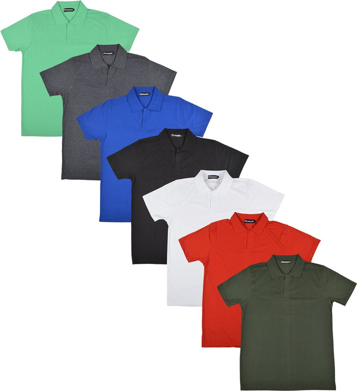 Pintapple Solid Men Polo Neck White, Black, Blue, Grey, Light Green, Red, Dark Green T-Shirt(Pack of 7)