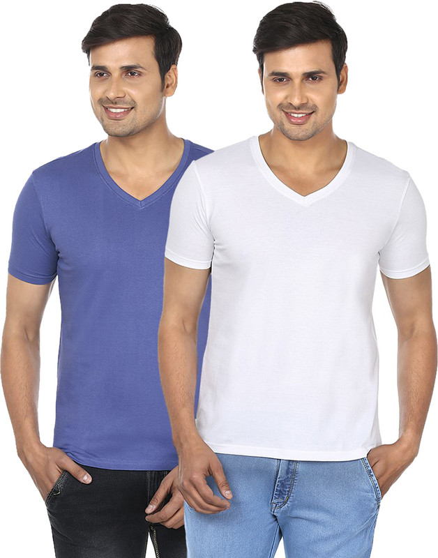 FM Fashionmania Solid Men V-neck Light Blue, White T-Shirt(Pack of 2)