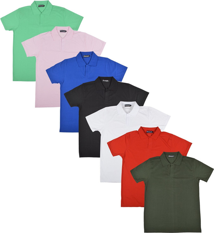 Pintapple Solid Men Polo Neck White, Black, Blue, Pink, Light Green, Red, Dark Green T-Shirt(Pack of 7)