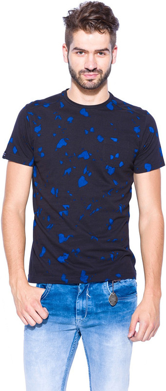 Mufti Self Design Men Round Neck Black, Blue T-Shirt