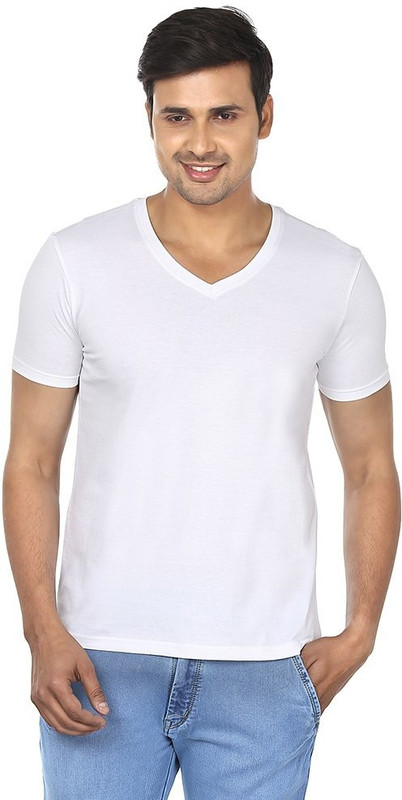 FM Fashionmania Solid Men V-neck White T-Shirt