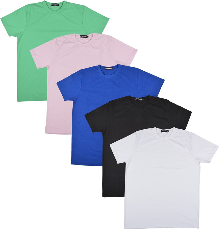 Pintapple Solid Men Round Neck White, Black, Blue, Pink, Light Green T-Shirt(Pack of 5)