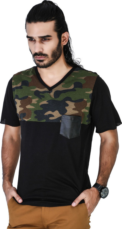 Mr Button Printed Men V-neck Black T-Shirt