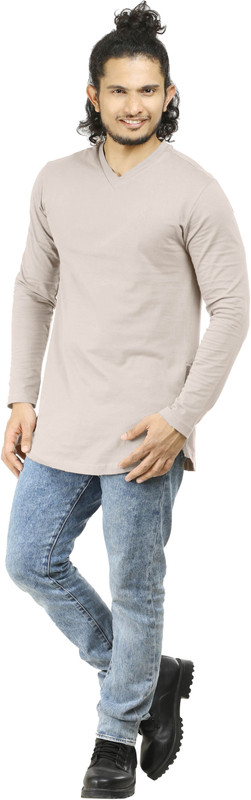 Oviyon Solid Men V-neck Silver T-Shirt