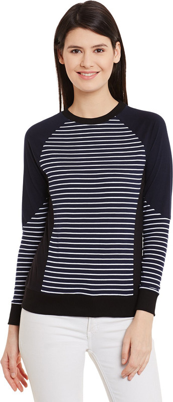 Hypernation Striped Women Scoop Neck Dark Blue, White T-Shirt