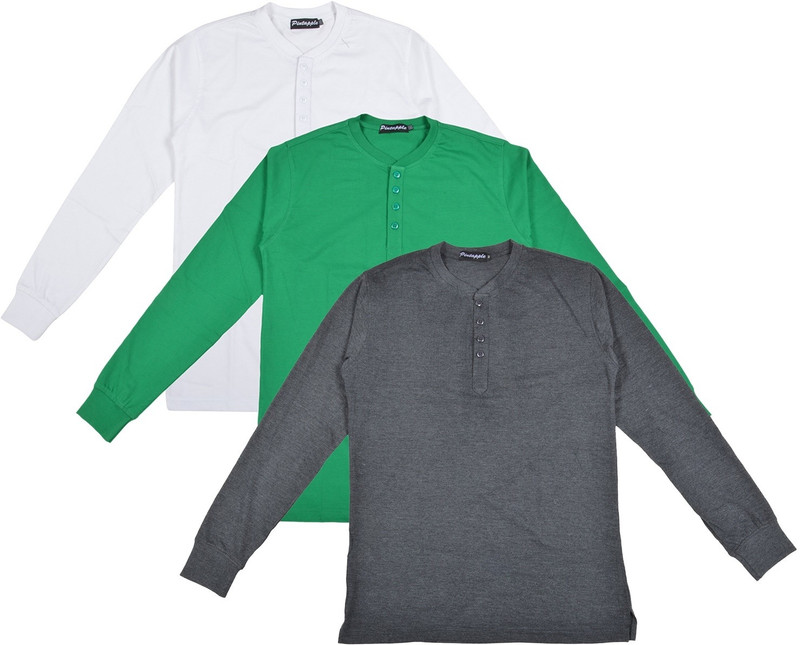 Pintapple Solid Men Henley Grey, Green, White T-Shirt(Pack of 3)