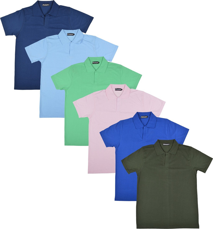 Pintapple Solid Men Polo Neck Blue, Pink, Light Green, Light Blue, Dark Blue, Dark Green T-Shirt(Pack of 6)