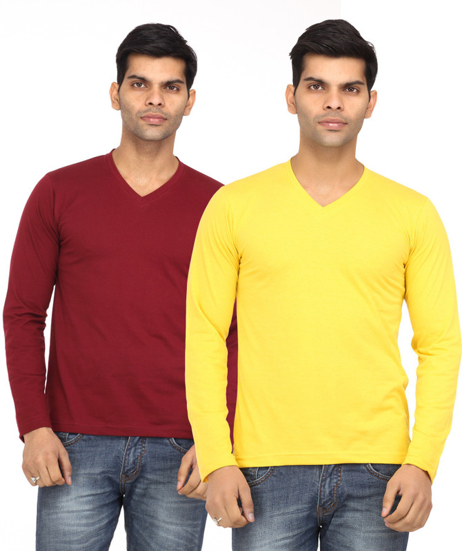 Leana Solid Men Round Neck Maroon, Yellow T-Shirt(Pack of 2)