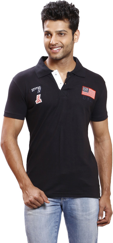 Right Shape Solid Men Polo Neck Black T-Shirt