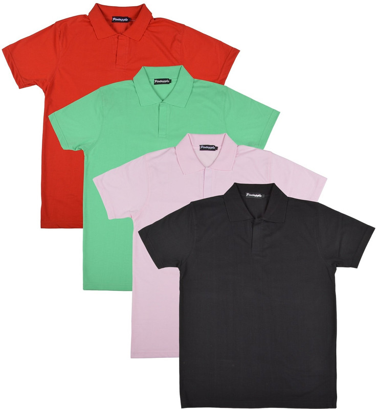 Pintapple Solid Men Polo Neck Black, Pink, Light Green, Red T-Shirt(Pack of 4)