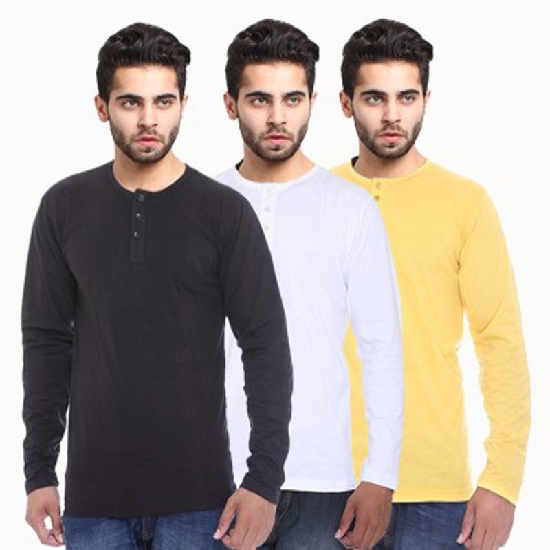 Sampoorna Collection Solid Men Henley Yellow, Black, White T-Shirt(Pack of 3)