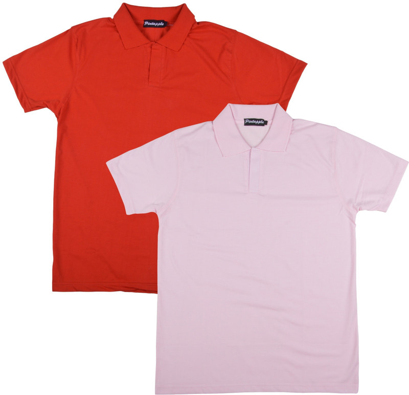 Pintapple Solid Men Polo Neck Pink, Red T-Shirt(Pack of 2)