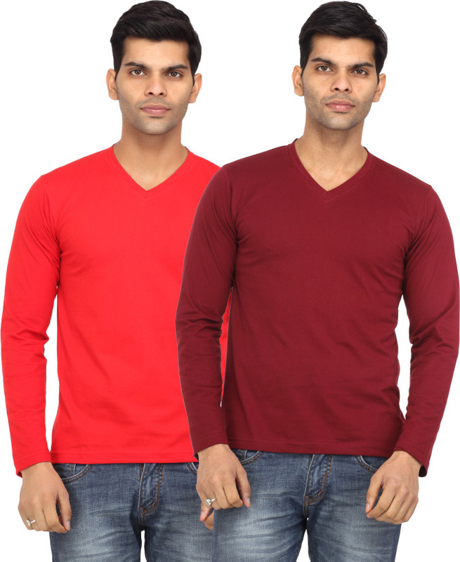 Leana Solid Men Round Neck Red, Maroon T-Shirt(Pack of 2)
