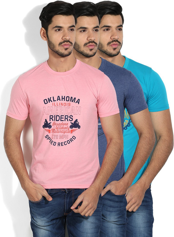 Fort Collins Printed Men Round Neck Blue, Dark Blue, Pink T-Shirt(Pack of 3)