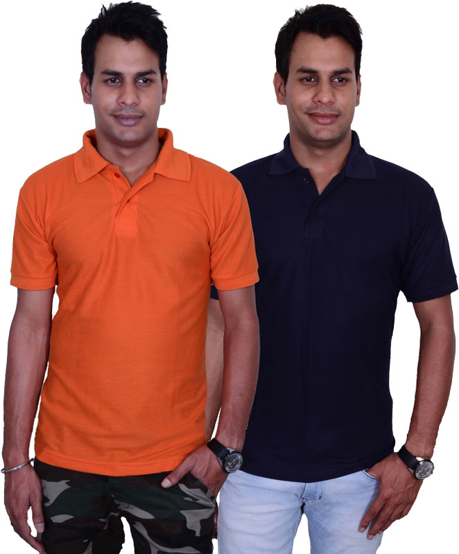 Blaze Solid Men Polo Neck Orange, Dark Blue T-Shirt(Pack of 2)