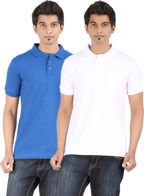 Ap'pulse Solid Men Polo Neck Blue, White T-Shirt(Pack of 2)