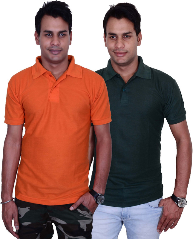 Blaze Solid Men Polo Neck Orange, Dark Green T-Shirt(Pack of 2)