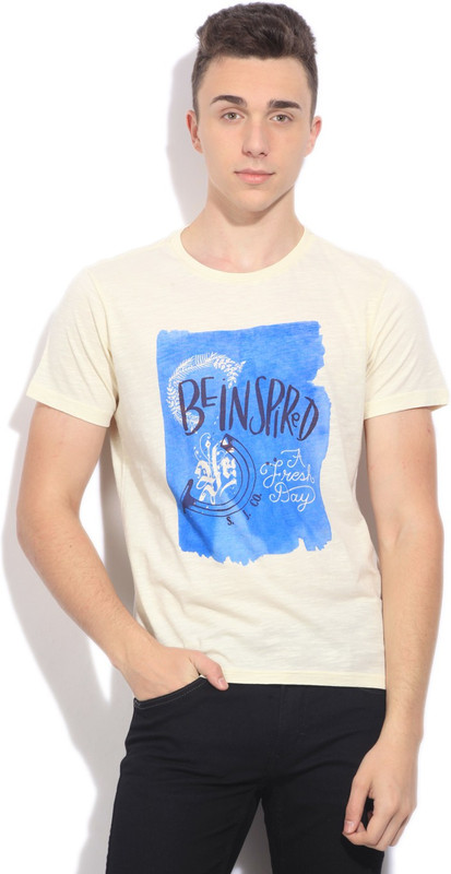 Allen Solly Printed Men Round or Crew Beige T-Shirt