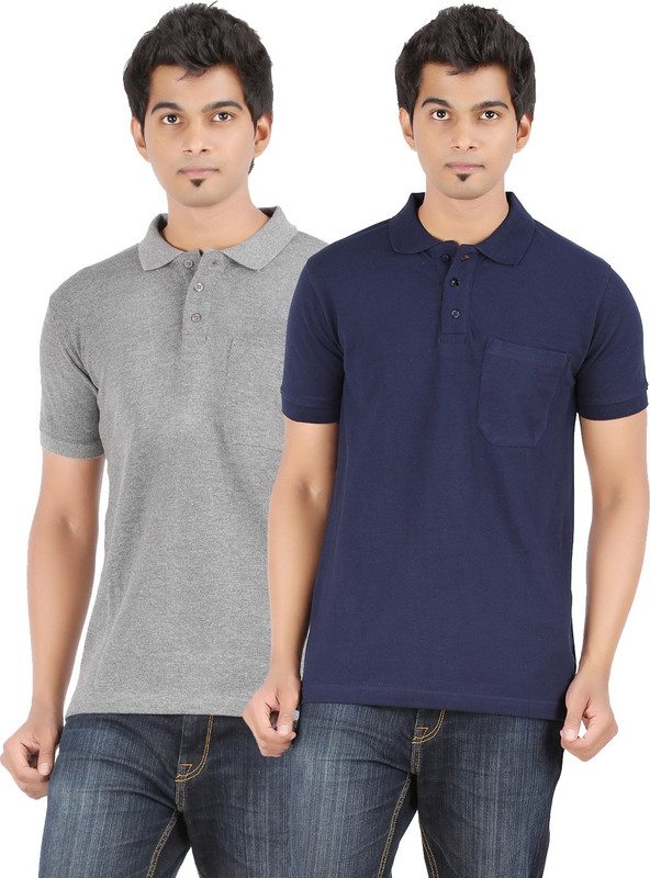 Ap'pulse Solid Men Polo Neck Grey, Dark Blue T-Shirt(Pack of 2)