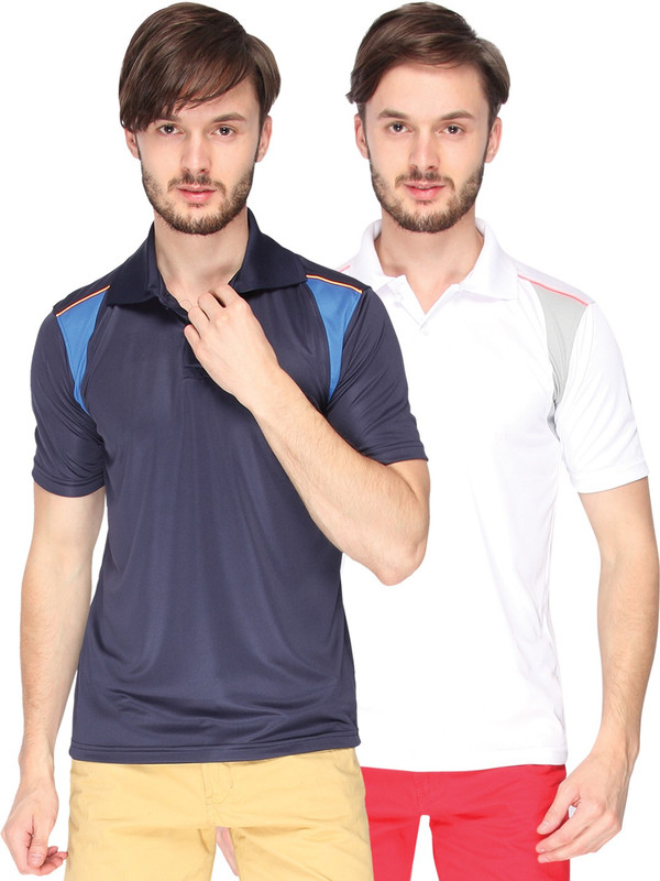 Campus Sutra Solid Men Polo Neck Dark Blue, White T-Shirt(Pack of 2)