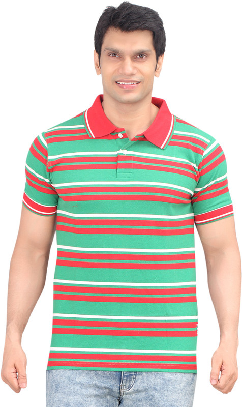 Zebu Striped Men Polo Neck Green T-Shirt