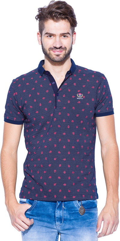 Mufti Printed Men Polo Neck Dark Blue T-Shirt