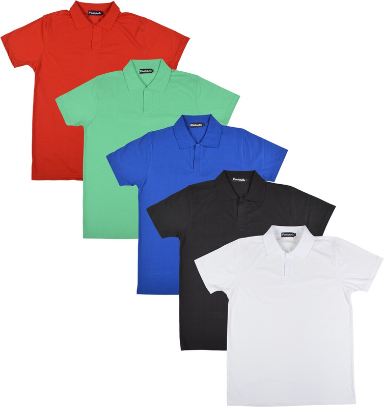 Pintapple Solid Men Polo Neck White, Black, Blue, Light Green, Red T-Shirt(Pack of 5)