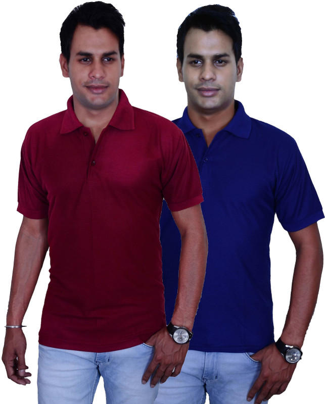 Blaze Solid Men Polo Neck Maroon, Blue T-Shirt(Pack of 2)