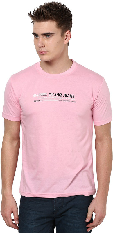 Okane Printed Men Round Neck Pink T-Shirt