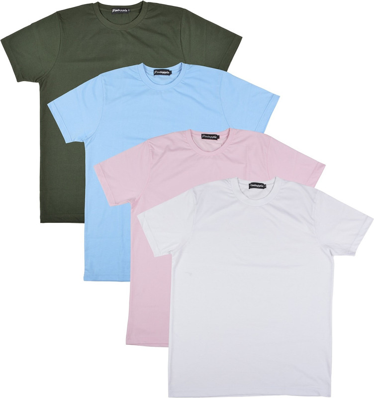 Pintapple Solid Men Round Neck White, Pink, Light Blue, Dark Green T-Shirt(Pack of 4)